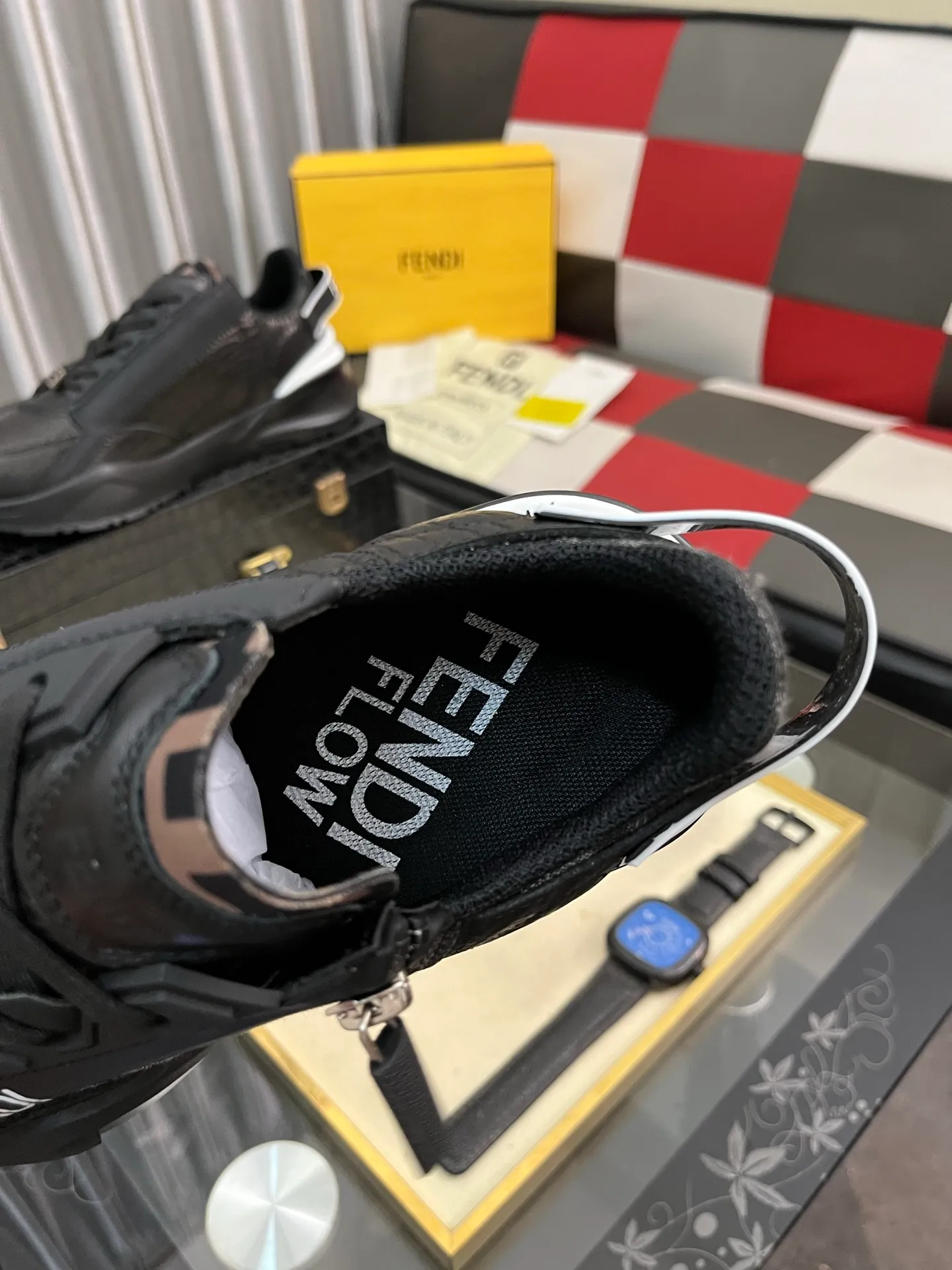 Men's shoes 💰620⌚️⌚️ FEND* — Fendi Flow men's casual sneakers, with elastic straps, side zippers, and corrugated soles engraved with F. Embossed Fendi Flow lettering on the heel. Made of technical fabric and a mix of blue and genuine leather. Decorated with Lycra® details. FF graphic tongue. Ultra-light and wear-resistant EVA sole. Code number: 38-44
